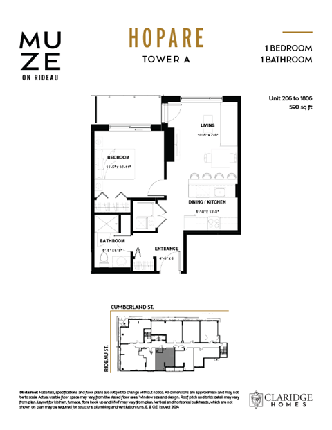 Floor plan for 1 bed, 1 bath, 590 sqft
